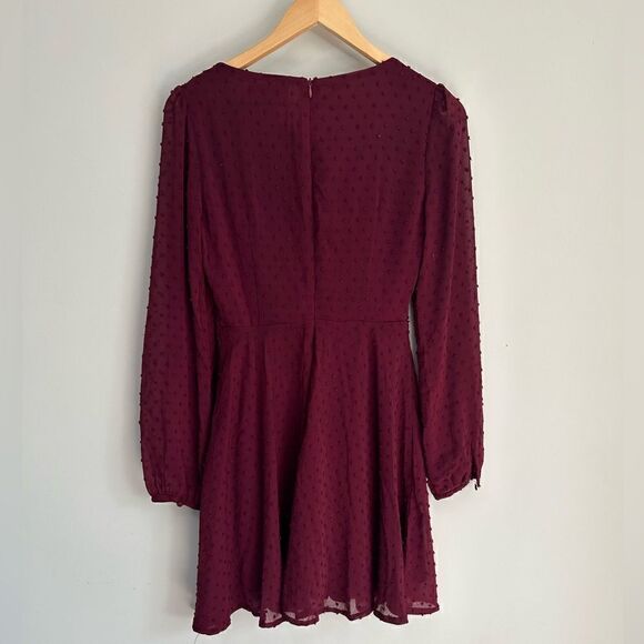 Lulus Wine and Dine Burgundy Swiss Dot Long Sleeve Skater Dress - Picture 13 of 14